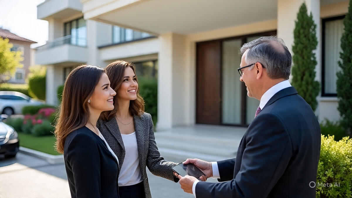 Agente inmobiliaria sonriente mostrando una casa moderna en Nordelta a una pareja de compradores potenciales.