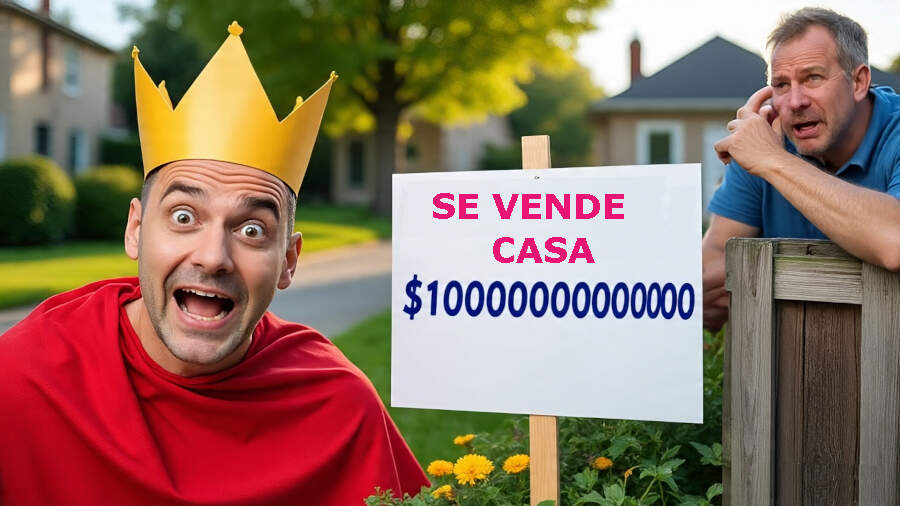 Ilustración humorística de un hombre sobrevalorando su casa por apego sentimental, vestido como un rey de caricatura junto a un cartel de 'Se Vende' con un precio excesivo y poco realista. Representa un error común al vender una propiedad.