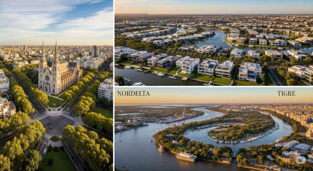 Mapa y vista aérea de los mejores barrios y localidades de Zona Norte de Buenos Aires, como San Isidro, Vicente López, Tigre, Nordelta y Pilar, mostrando su entorno natural y urbano