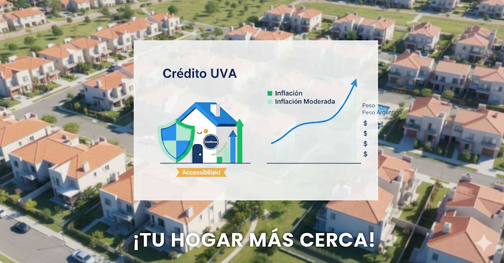 "Infografía moderna que explica cómo funcionan los créditos UVA 2025 para comprar viviendas en Zona Norte y CABA, con gráficos de inflación y símbolos de crecimiento."