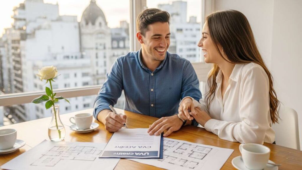 Pareja joven celebrando con café y planos sobre la mesa, firmando contrato de su primer departamento con un crédito UVA en Buenos Aires.