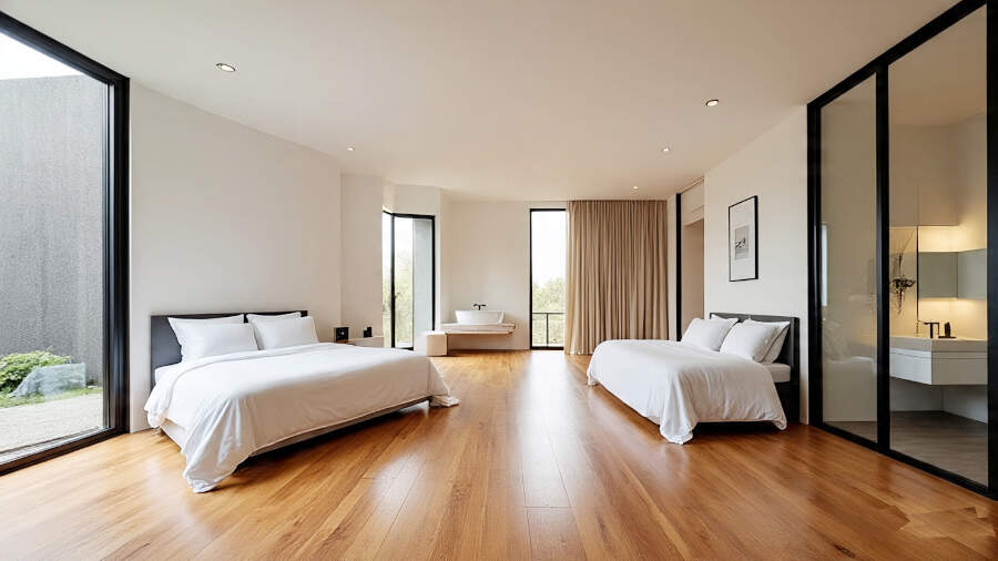 Dormitorio principal con atmósfera de lujo moderno, donde el piso de madera de incienso y los amplios ventanales enmarcan vistas privadas al jardín, creando un espacio de descanso luminoso y conectado con la naturaleza.