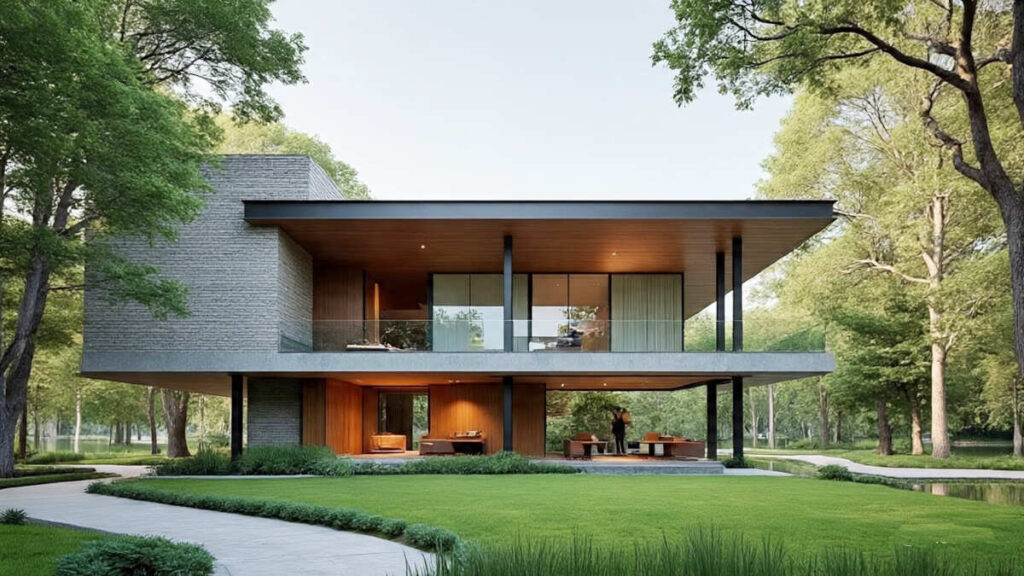Fachada de una casa contemporánea en Escobar con líneas minimalistas, grandes ventanales y garage. Ejemplo de arquitectura moderna en barrios privados de Zona Norte.