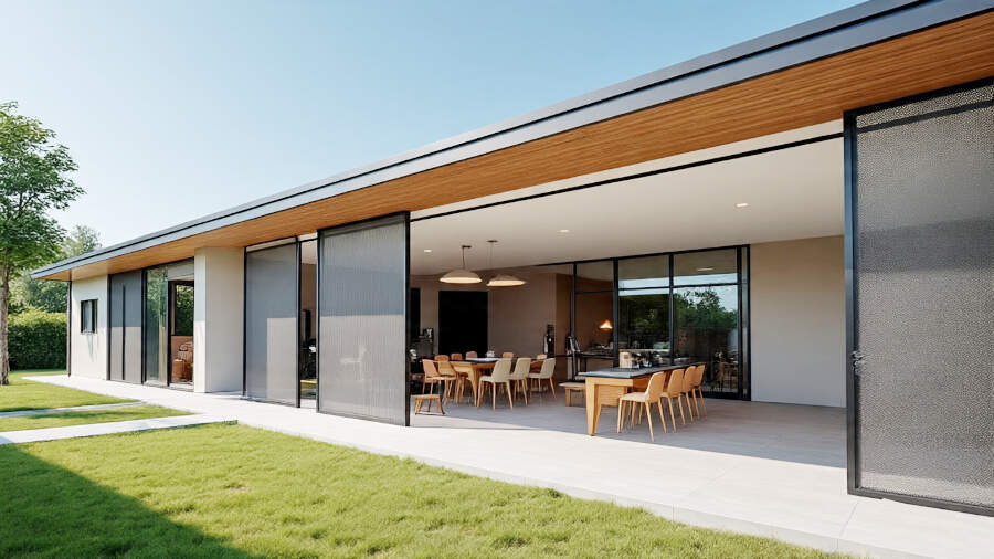 Vista del living principal de la casa de arquitectura contemporánea, donde los ventanales de piso a techo se funden con el jardín y la piscina, creando una integración total entre el interior y el exterior.